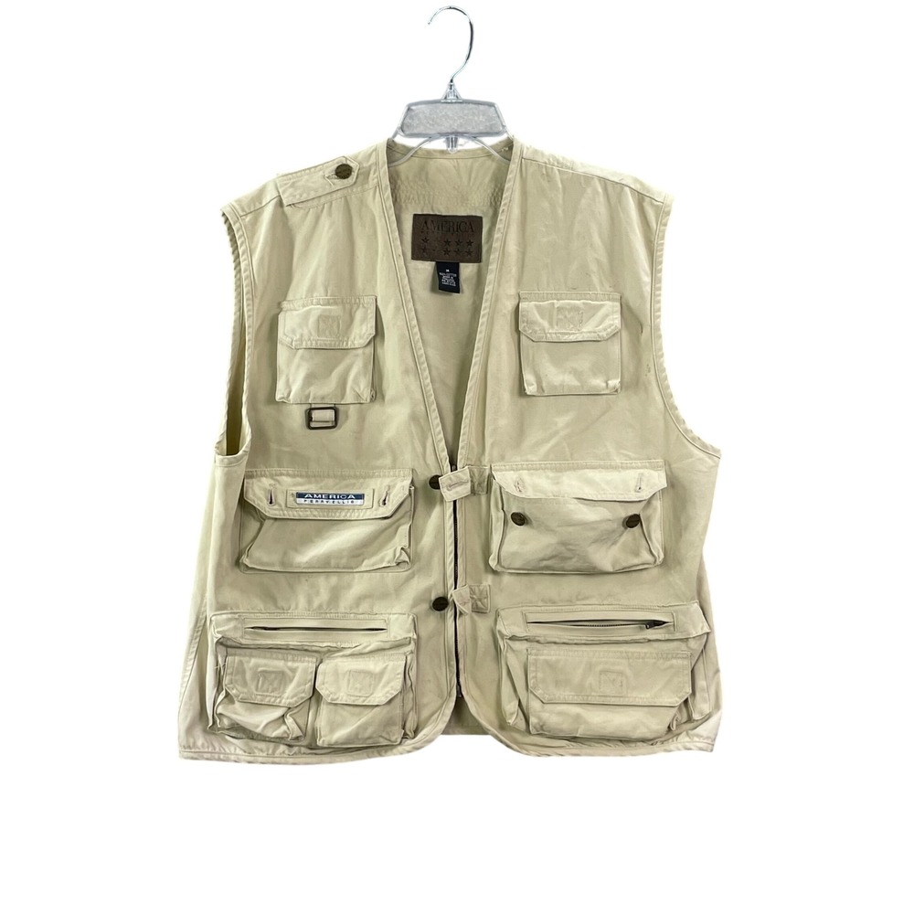 America Perry Ellis Utility Vest Mens M Tan‎ Khaki Multi-Pocket Fishing Gorpcore